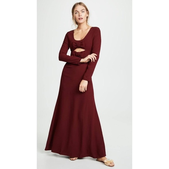 STAUD Lido Dress in Garnet, Long sleeve Maxi with Bows, size 0, NWT - Picture 4 of 6